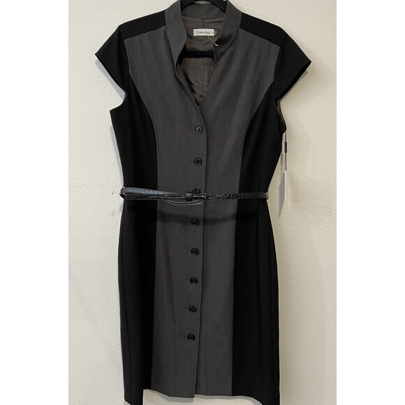 Calvin Klein Button Front Sheath Dress 12 Grey Black Belt Cap Sleeve Lined NWT‎ - Picture 1 of 13